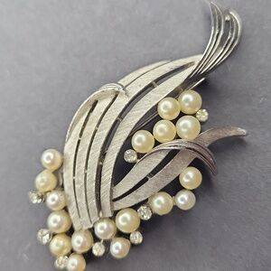 Trifari Brushed Silver with Pearls Brooch